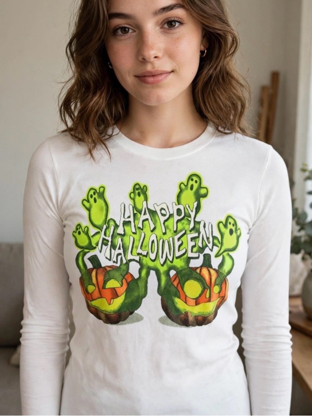 Happy Halloween Vintage Gap Long Sleeve Tee - White with Green Pumpkin Graphic